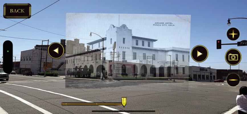 A VIEW of O’Reilly Auto Parts, located at First and Grand, is superimposed with a view of the historic Arcade Hotel, which once welcomed guests to the property many years ago. The property is one of 16 included in the Time Frame App, presenting Ponca City history through Ponca City Main Street. (Photo provided)