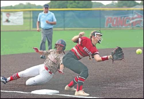 SLIDING INTO third base is Ponca City’s Margaret Blackstar during a game Monday against Skiatook at the West Middle School softball field. Skiatook won the game 11-1. This photo was provided by Larry Williams.