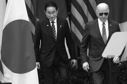 U.S. PRESIDENT Joe Biden and Japanese Prime Minister Fumio Kishida arrive for a joint press conference in the Rose Garden at the White House on April 10, 2024 in Washington, DC. Biden welcomed Prime Minister Kishida for an official state visit, as the two leaders discussed strengthening their military partnership and announced new agreements on technology as they look to defend against Chinese aggression in the region. (Win McNamee/Getty Images/TNS)
