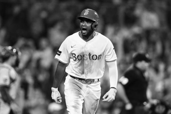 PABLO REYES (19) of the Boston Red Sox reacts after hitting a walk-off grand slam in the ninth inning against the Kansas City Royals at Fenway Park on Aug. 7, 2023, in Boston, Massachusetts. (Brian Fluharty/Getty Images/TNS)