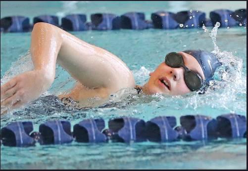 KAYLEE PAYNE of Ponca City competes during a dual swim meet against Guymon Tuesday at the Rec-Plex. Ponca City won both the girls and boys competition and came out on top in composite points as well. This photo was provided by Larry Williams.