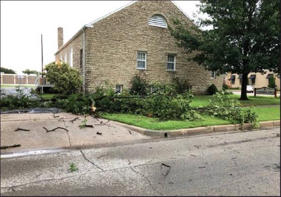 AN EARLY morning storm on Friday with winds gusting to 60 mph and a lot of lightening dropped just over an inch of rain in a very short time. The wind resulted in a number of trees losing limbs like this one at Third Street and Chestnut. (News Photo by Mike Seals)
