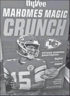 THE FRONT side of a box of HyVee Mahomes Magic Crunch that is selling in the Kansas City area. The cereal has become a collecter’s item and each box is worth much more than the store price of $3.44.