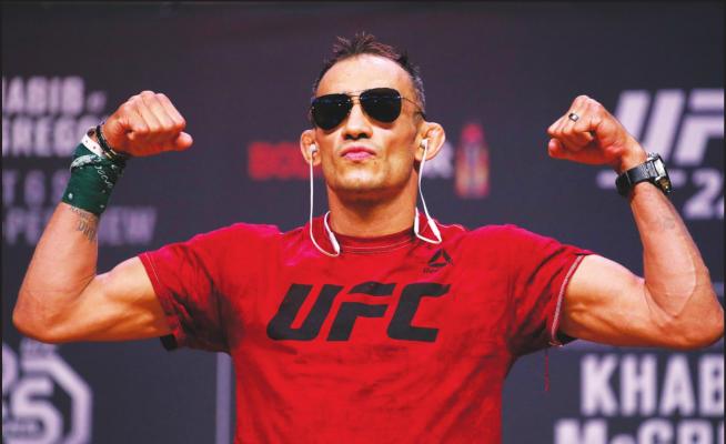IN THIS OCT. 5, 2018, file photo, Tony Ferguson poses during a ceremonial weigh-in for a UFC 229 mixed martial arts fight in Las Vegas. UFC 249 scheduled for May 9, 2020, at Jacksonville Arena will be headlined by lightweight title contenders Tony Ferguson and Justin Gaethje. (AP Photo, File)