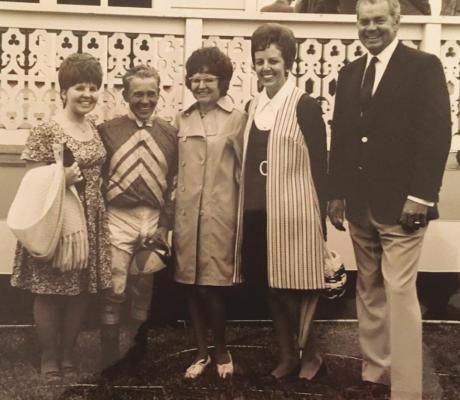 POSING AFTER the 1972 Preakness victory are from left, Eldonna Nelson Magnus, Eldon Nelson, Betty Coffman Nelson, family friend Sherry Miles and Del Carroll, trainer of the winning Bee Bee Bee.