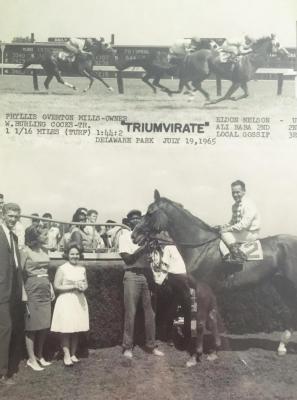 ELDONNA MAGNUS, third from left, is in the winners’ circle with her father on Triumvirate in 1965. It was her 16th birthday. Eldonna notes that people dressed up for races in those days.