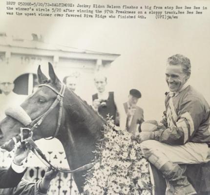 A NEWS SERVICE photo taken after the 1972 Preakness shows Eldon Nelson on the winner Bee Bee Bee. He is smiling at his wife and daughter as he sees them in the winners’ circle. This photo was purchased for Eldonna on Ebay by a cousin a few years ago.