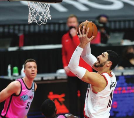 FORMER OKC Thunder player Enes Kanter set a Portland Trail Blazer rebounding record over the weekend by pulling down 30. Pictured here (#11) with an offensive rebound as the Portland Trail Blazers face the Miami Heat at Moda Center on Sunday, April 11, 2021. Sean Meagher/The Oregonian