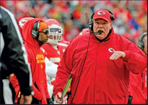 KANSAS CITY Chiefs head coach Andy Reid talks to down judge Tom Stephan (68), during a Dec. 29 NFL football game against the Los Angeles Chargers in Kansas City, Mo. Of the coaches in the NFL’s Final Four, Andy Reid is the outlier. Only Kansas City’s coach has been the head man in a Super Bowl. Only Reid is close to having a Hall of Fame-worthy resume. Only Reid has been around for a couple of decades. (AP Photo)
