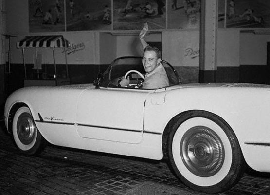 SPORT MAGAZINE started picking the World Series MVP in 1955 with the prize being a brand new Corvette. Here is the first winner, Johnny Podres of the Brooklyn Dodgers, in his Corvette.