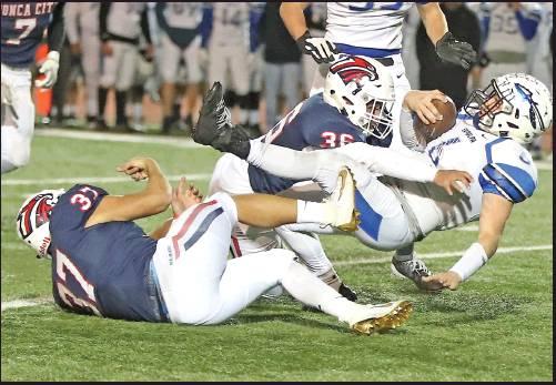 RAY LONGORIA (37) and Elijah Phillips (36) take down Sapulpa’s Marcus Esparza (6) during last Friday’s game in Sullins Stadium. The Wildcats ended their season with a 21-20 victory over Sapulpa to finish 5-5 for the year. This photo was provided by Larry Williams.