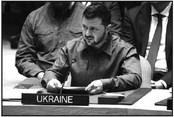 PRESIDENT OF Ukraine Volodymyr Zelenskyy speaks to the U.N. Security Council on the war in his country in a meeting during the United Nations General Assembly on Wednesday, Sept. 20, 2023, in New York City. Zelenskyy called on the U.N. Security Council to broaden its membership and remove Russia’s veto power. (Spencer Platt/Getty Images/TNS)