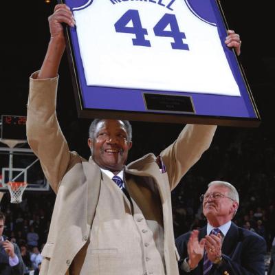 WILLIE MURRELL celebrates at a ceremony in Manhattan, Kan., when K-State retired his uniform number. Murrell, who played high school basketball in Taft, Okla., was the mainstay of the K-State team that played in the 1964 Final Four.