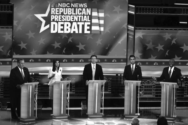 REPUBLICAN PRESIDENTIAL candidates, from left, former New Jersey Gov. Chris Christie, former U.N. Ambassador Nikki Haley, Florida Gov. Ron DeSantis, Vivek Ramaswamy and U.S. Sen. Tim Scott (R-SC) participate in the NBC News Republican Presidential Primary Debate at the Adrienne Arsht Center for the Performing Arts of Miami-Dade County on Wednesday, Nov. 8, 2023, in Miami. (Joe Raedle/Getty Images/TNS)