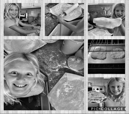 3rd grade student Piper Morgan pictured creating the flatbread from scratch.