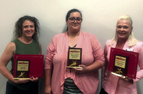 The April Employee of the Month and Friend of Education Awards were presented Monday night during the Ponca City Board of Education meeting. Pictured, from left, are Jenna Ross, Friend of Education; Andrea Naile, Support Employee of the Month; and Stacey Sattre, Certified Employee of the Month. Photo provided.