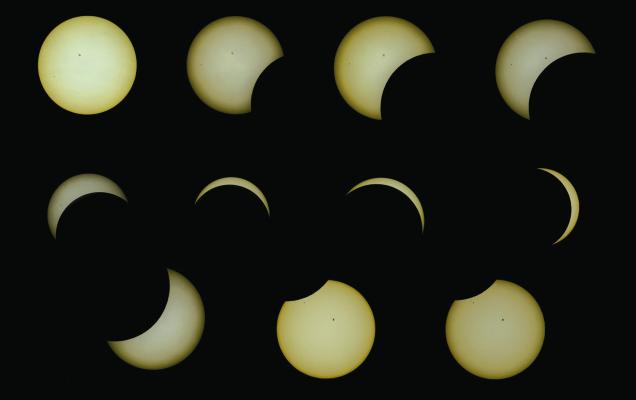 PICTURED IS the progress of the solar eclipse as observed from Ponca City on Monday, April 8, 2024. Ponca City was not within the path of the totality, but a good portion of the eclipse was visible. (Photos by Dr. John Holden)