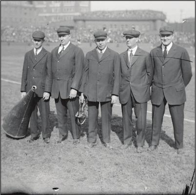 A TEAM of umpires shown in the 1915 World Series. Silk O’Loughlin is the second from right. He lost his life to “Spanish Flu” during the 1918 pandemic.