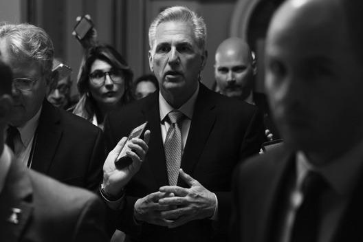 U.S. Speaker of the House Rep. Kevin McCarthy (R-CA) is followed by members of the media as he walks in the U.S. Capitol on April 25, 2023, in Washington, D.C. The House is set to vote this week on the $4.5 trillion Limit, Save, Grow Act of 2023. (Alex Wong/ Getty Images/TNS)