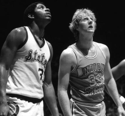 EARVIN “MAGIC” Johnson, left, and Larry Bird had a long, but friendly, rivalry that dated back to the 1979 NCAA Tournament championship game. Bird played for the Indiana State Sycamores and Johnson for Michigan State. Johnson and Michigan State prevailed in that game, but the two went on to great NBA careers, Johnson with the Los Angeles Lakers and Bird with the Boston Celtics.