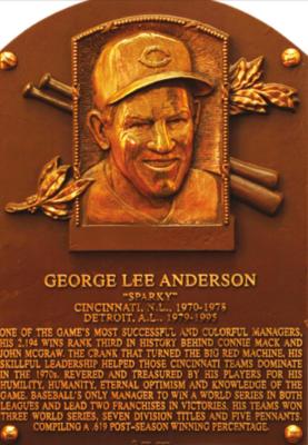 THE BASEBALL Hall of Fame plaque for George “Sparky” Anderson at Cooperstown.