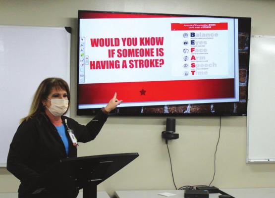 Tracy Didlake, Clinical Resource Nurse at AllianceHealth, provided a presentation with details about the safety risks involved with heart attacks and strokes. (Photo by Calley Lamar)