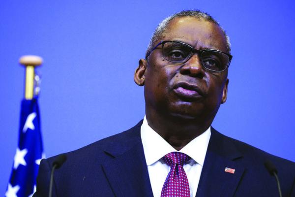 US Secretary of Defense Lloyd Austin speaks during a press conference at the NATO headquarters in Brussels, on Feb. 17, 2022. (Kenzo Tribouillard/AFP via Getty Images/TNS)