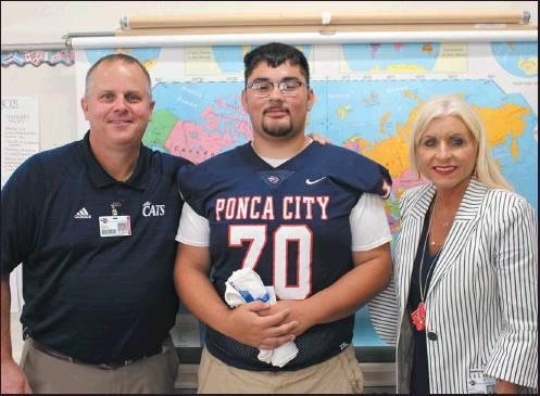 THE HEATHER Cannon Wildcat of the week for September 23rd is Ponca City High School Senior Josiah Hill. Pictured Left to Right is Thad Dilbeck, Josiah Hill and Superintendent Shelley Arrott. (Courtesy Photo)