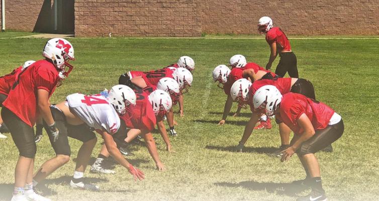 MEMBERS OF the Morrison Wildcat football team line up to run a play during a recent practice session. The Wildcats are expected to be one of the contenders in their district for a playoff spot. (News photo by David Miller)