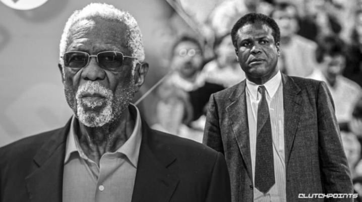 BILL RUSSELL, foreground, was a longtime teammate of K. C. Jones, background. The two teamed up at San Francisco to win a pair of NCAA championships in 1955 and 1956 and then were together for eight NBA titles with the Boston Celtics. Jones passed away on Christmas Day.