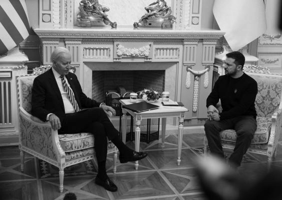 In this handout photo issued by the Ukrainian Presidential Press Office, U.S. President Joe Biden meets with Ukrainian President Volodymyr Zelensky at the Ukrainian presidential palace on Monday, Feb. 20, 2023 in Kyiv, Ukraine. Biden made his first visit to Kyiv since Russia’s large-scale invasion last Feb. 24. (Ukrainian Presidential Press Office/Getty Images/TNS)