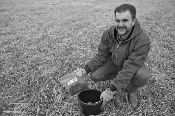Shannon Mallory takes soil samples to determine accurate fertilizer requirements as part of pasture management recommendations. (Photo by Todd Johnson, OSU Agricultural Communications Services)