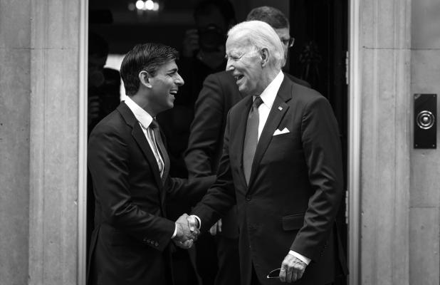 BRITAIN’S PRIME Minister Rishi Sunak, left, bids farewell to President Joe Biden on the doorstep of 10 Downing Street following a bi-lateral meeting on July 10, 2023, in London. The President is visiting the UK to further strengthen the close relationship between the two nations and to discuss climate issues with King Charles at Windsor Castle. (Leon Neal/Getty Images/TNS)