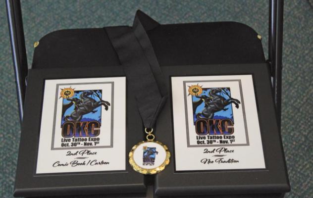 Awards from the 2020 OKC Live Tattoo Expo that Studio 205 attended. (Above photo by Calley Lamar)