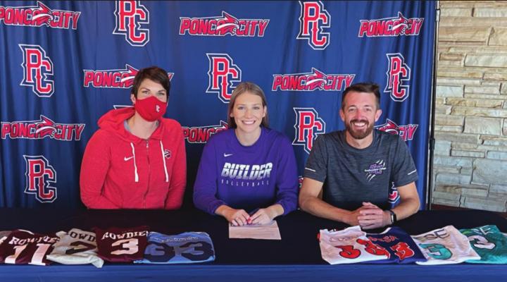 BAYLEE YORK of Ponca City Tuesday signed a letter of intent to play volleyball at Southwestern College in Winfield, Kan. Shown with her are Ponca City Coach Jennie Hinterreiter, left, and Southwestern Coach Jake Conrad.