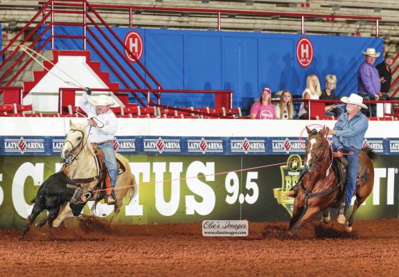 RUSS COOK of Magnolia, Texas and Ricky Oliver of Huntsville, Texas, teamed up at the last minute to score the biggest win of their recreational team roping careers in Guthrie, Oklahoma on June 23. They caught four steers fast enough during the Cactus 9.5 Over 40 competition to earn $50,000 cash during Wrangler BFI Week presented by Yeti.
