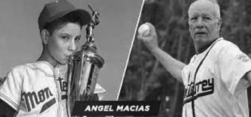 ANGEL MACIAS pitched a perfect game in the 1957 Little League Baseball World Series helping his Monterrey, Mexico team to the championship. On the left, he kisses the championship trophy and at right he throwing out a first pitch for a LLBWS game in later years.