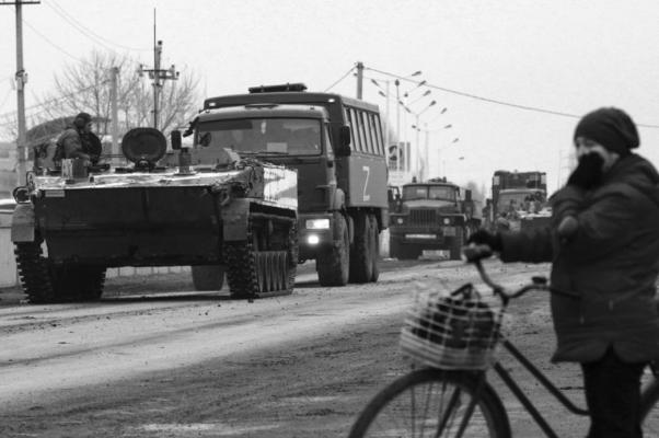 Russian army military vehicles are seen in Armyansk, Crimea, on Feb. 25, 2022. - Ukrainian forces fought off Russian invaders in the streets of the capital Kyiv on Feb. 25, 2022, as President Volodymyr Zelensky accused Moscow of targeting civilians and called for more international sanctions. (Stringer/AFP via Getty Images/TNS)