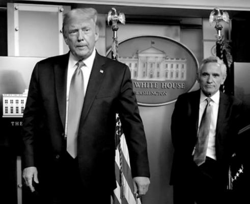 President Donald Trump, left, departs next to White House adviser on coronavirus Scott Atlas after his news conference at the White House in Washington, D.C., on Wednesday, Sept. 23, 2020. Atlas has resigned from the White House coronavirus task force. (Yuri Gripas/Abaca Press/TNS)