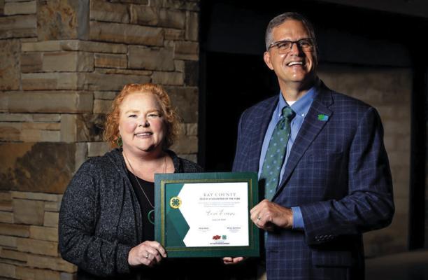 LORI EVANS, left, Newkirk Go-Getters leader 4-H leaders, was recognized as the Kay County 4-H Volunteer of the Year at a recent conference in Stillwater. (Photo provided)