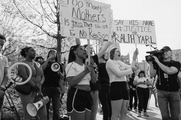 Protesters attend a rally for Black teen Ralph Yarl in front of U.S. District Court on April 18, 2023, in Kansas City, Missouri. The 16-year-old Yarl was shot last week by an 84-yearold white homeowner after going to the wrong house to pick up his brother, according to published reports. (Chase Castor/Getty Images/TNS)