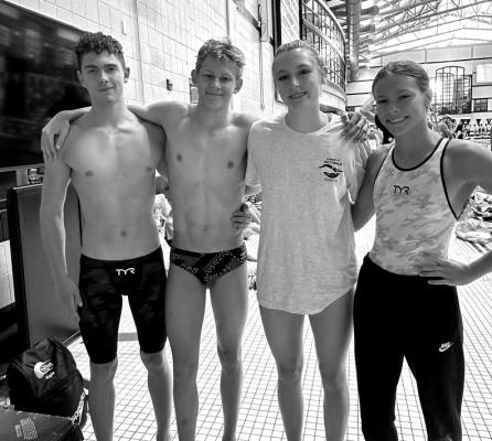 FOUR MEMBERS of the Ponca Sailfish Swim Team are participating in the Summer Sectionals competition this week at Columbia, Mo. Those involved are, from left, Timothy Crank, Kyle King, Jessalyn Carpenter and Mattie Shearer.
