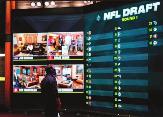 IN A PHOTO provided by ESPN Images, the draft board is seen before the start of the NFL football draft, Thursday, April 23, 2020, in Bristol, Conn. (Allen Kee/ESPN Images via AP)