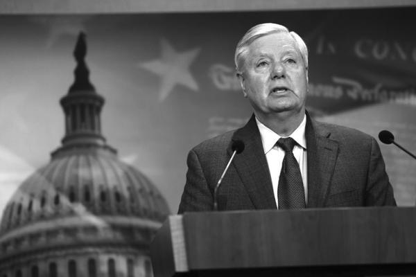 U.S. SEN. Lindsey Graham (R-SC) speaks on Title 42 immigration policy on May 03, 2023, in Washington, DC. The group of Republican Senators spoke out against the expiration of Title 42 saying it would be detrimental for southern states along the U.S.- Mexico border. (Kevin Dietsch/Getty Images/TNS)