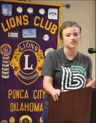 SHELBI SMITHON of Stillwater was the guest speaker at the recent Ponca City Noon Lions meeting.