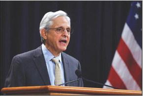 ATTORNEY GENERAL Merrick Garland gives remarks before a formal investiture ceremony for Rosemarie Hidalgo, the director of the office on Violence Against Women, in the Great Hall of the Department of Justice on Aug. 15, 2023, in Washington, D.C. (Anna Moneymaker/Getty Images/TNS)