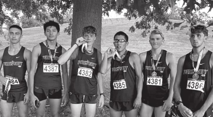 MEDALISTS IN the Oklahoma 7 Conference boys varsity 5K race from Ponca City include, from left, Joel Menchaca, Ryan Sylestine, Mason Blochowiak, Burton Miner, Chase Allensworth and Andrew Mitchell. The meet was held Thursday in Bethany.