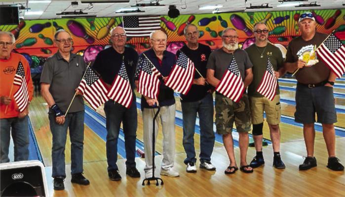 VETERANS WERE honored during a meeting at Lucas Lanes in Blackwell on Tuesday, November 7. Pictured from left to right are Dick Jocobeson, Wayne Torstenson, Darrell Salley, Roy Lambert, Duane Hunt, Rick Asbury, Chris Lucas, and Jeff Snider. Photo provided