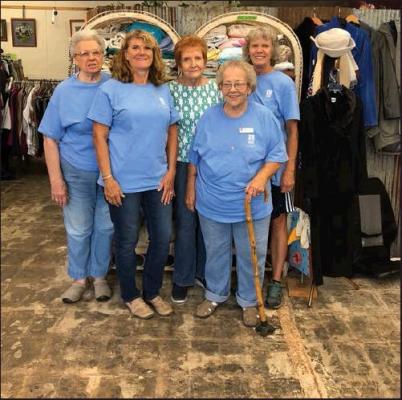 MEMBERS OF Soroptimist International of Ponca City gathered for their garage sale on Friday and Saturday, from 8 a.m. to 3 p.m. Members pictured are (l-r) Dorothy Dewan, Cindy Wigley, Charlene Mock, Claudia Barnes and Sharon Millemon (News Photo by Mike Seals)