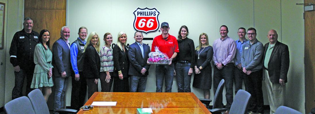 THE PONCA City Chamber of Commerce made a Milestone of the Month presentation at the Phillips 66 Refinery on Wednesday, Feb. 21. The Ponca City Refinery has been with the Chamber for 106 years, a milestone that was highlighted at the presentation. The Ponca City Refinery was one of two presentations made for the January Milestone of the Month, with an earlier presentation this month at the Ponca City News, which tied with the Ponca City Refinery for 106 years as a Chamber investor. (Photo by Calley Lamar)